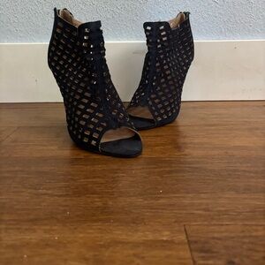 Paper Dolls Navy Blue Faux Suede Laser Cut Caged Heels Size 7.5 / 38